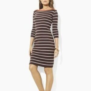 Lauren Ralph Lauren Brown Cream Striped Soft Cotton Boatneck Dress, Size M 🗣